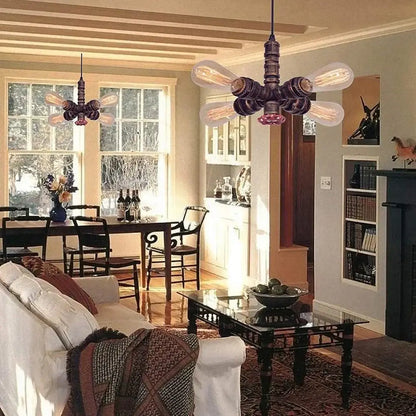 Industrial bronze ceiling light fixture with rusted metal frame and exposed Edison bulbs for living room use