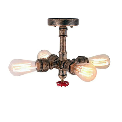Industrial bronze water pipe ceiling light fixture with four exposed filament bulbs for living room lighting