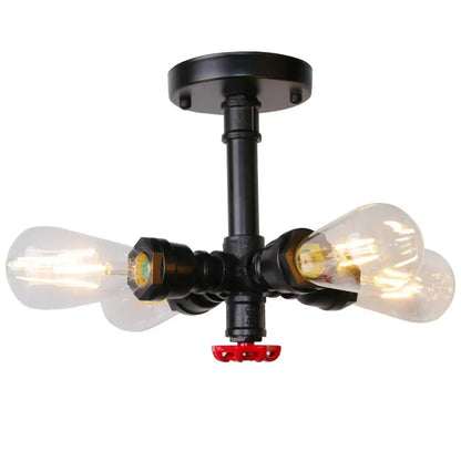 Industrial bronze ceiling light fixture with black pipe and valve design featuring three exposed filament bulbs for living room