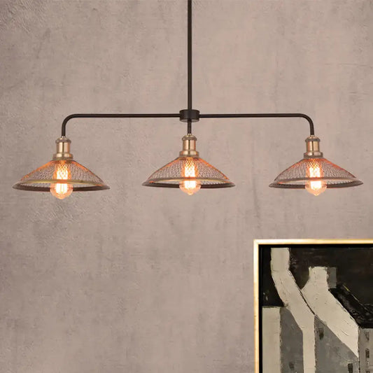 Industrial-style black metal cage flared island pendant light with three brass-finished mesh-shaded lights for dining room