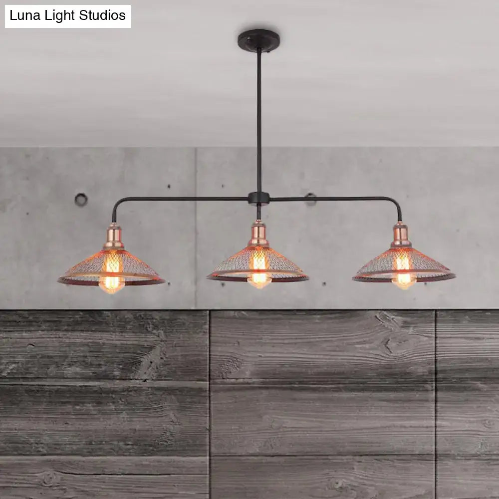 Decorbites cage flared island pendant light with black metal frame and copper antique bronze mesh shades for dining room
