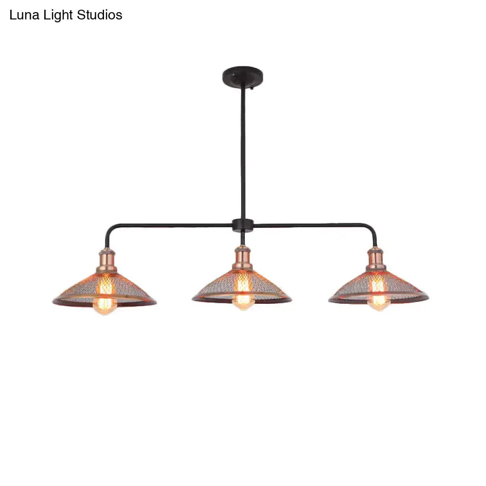 Industrial-style three-light cage flared island pendant light with black metal frame and copper antique bronze mesh shades
