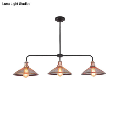 Industrial-style three-light cage flared island pendant light with black metal frame and copper antique bronze mesh shades