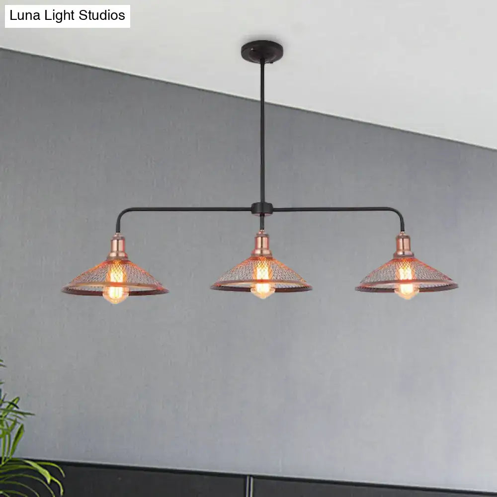 Industrial cage flared island pendant light with copper antique bronze mesh screen and three exposed bulbs for dining room