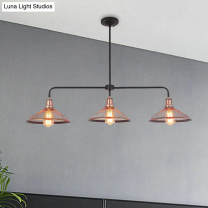 Industrial cage flared island pendant light with copper antique bronze mesh screen and three exposed bulbs for dining room