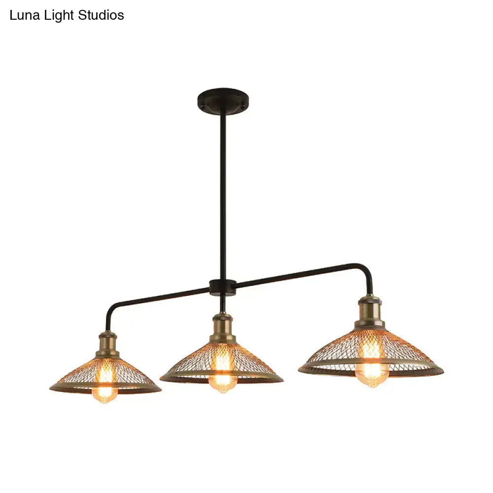 DecorBites™ cage flared island lighting with black metal frame, brass-finished mesh shades, and exposed filament bulbs