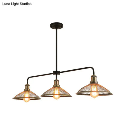 DecorBites™ cage flared island lighting with black metal frame, brass-finished mesh shades, and exposed filament bulbs