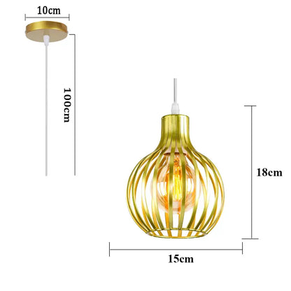 Gold-colored industrial cage led pendant light with warm glowing bulb for black and white living room decorbites decor