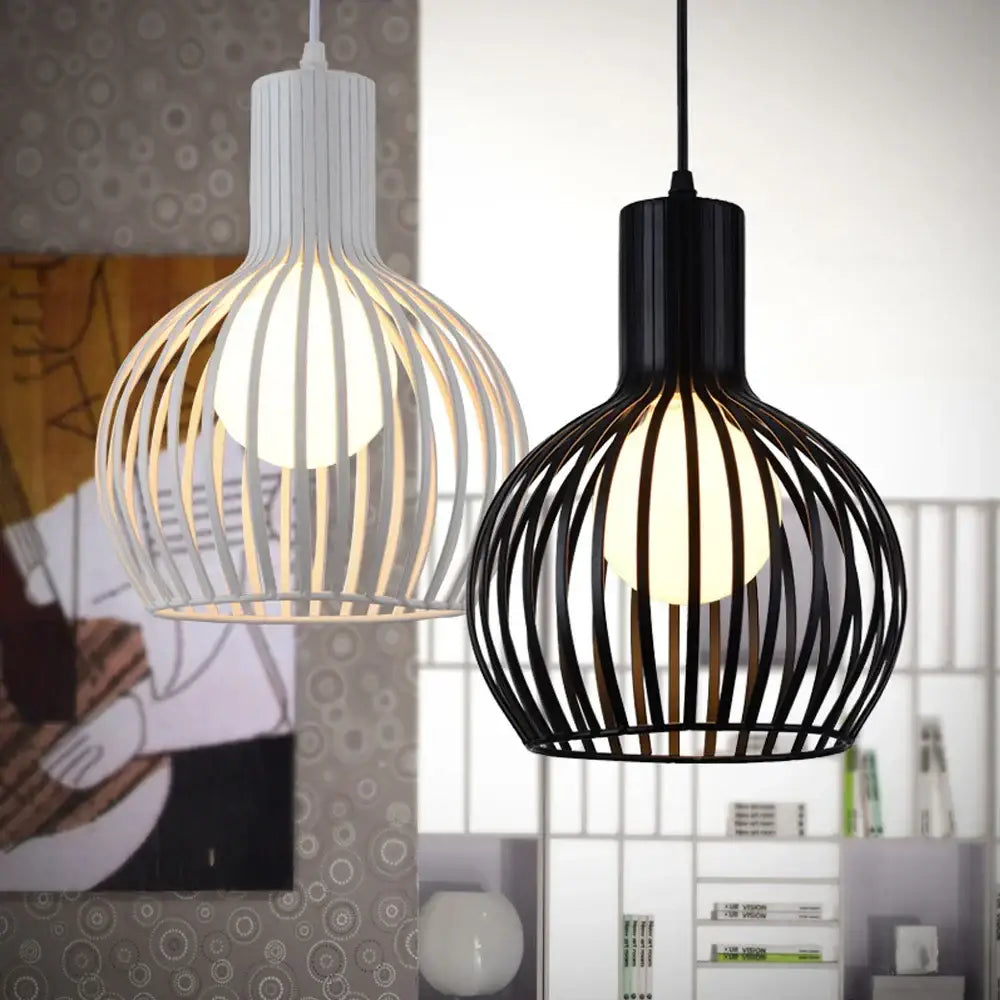Modern pendant light with industrial cage led design in black and white metal rods for living room decorbites industrial cage