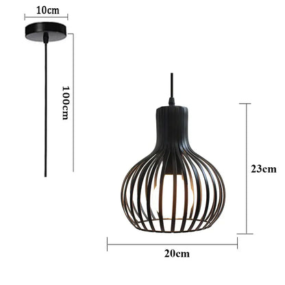 Black metal industrial cage led pendant light with curved vertical bars for modern black and white living room decor