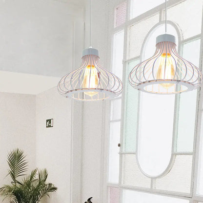 Two white wire cage pendant lights with exposed filament bulbs for decorbites industrial cage led living room decor
