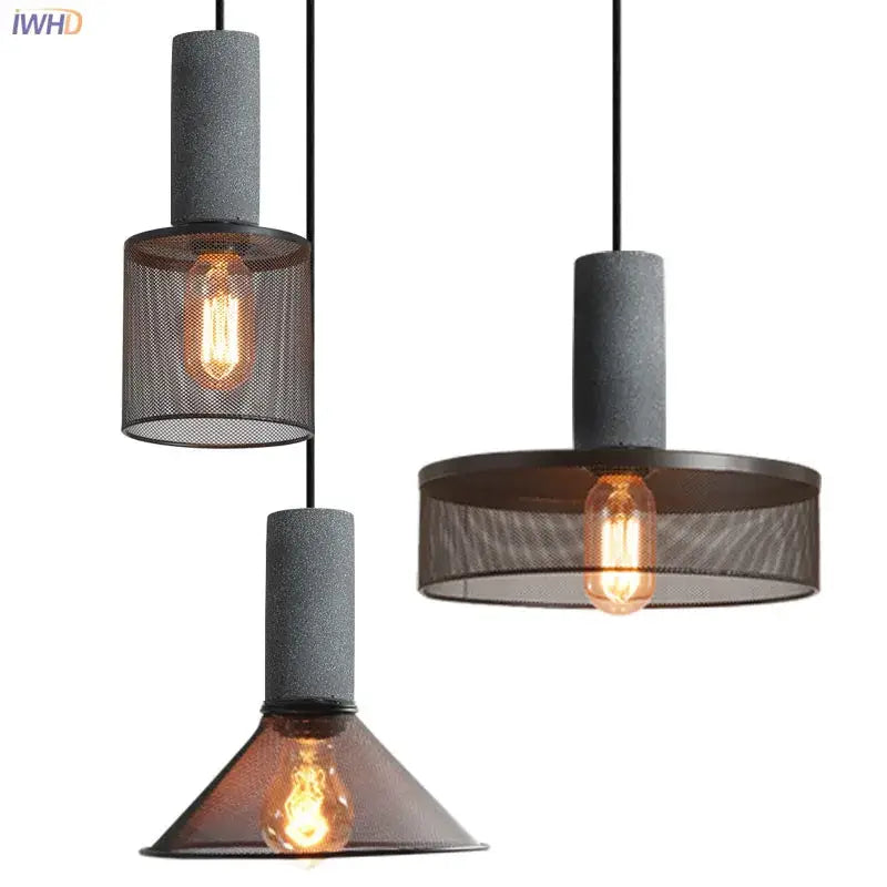 Industrial cement metal pendant light with gray concrete tops and mesh shades for dining room decorbites industrial cement