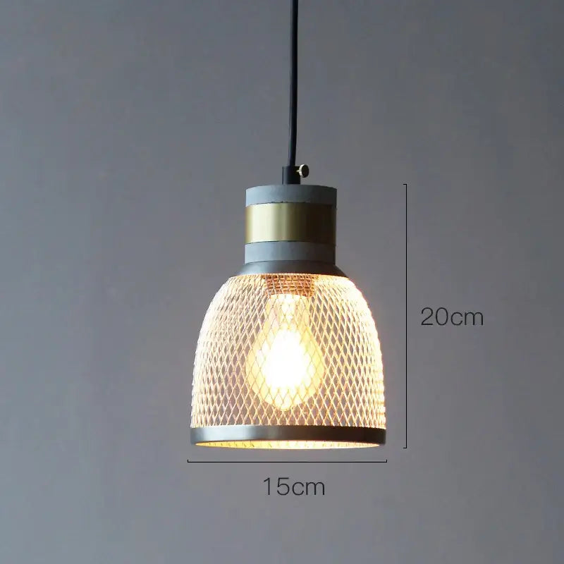 Industrial cement metal pendant light with woven mesh shade brass and matte gray accents for dining room decorbites industrial cement