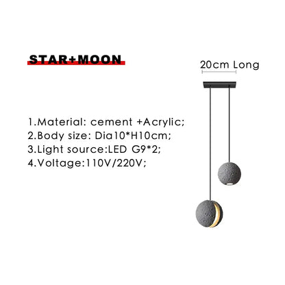 Industrial cement pendant light gray moon star dining room lamp with two spherical cement and acrylic globes gold accent ring