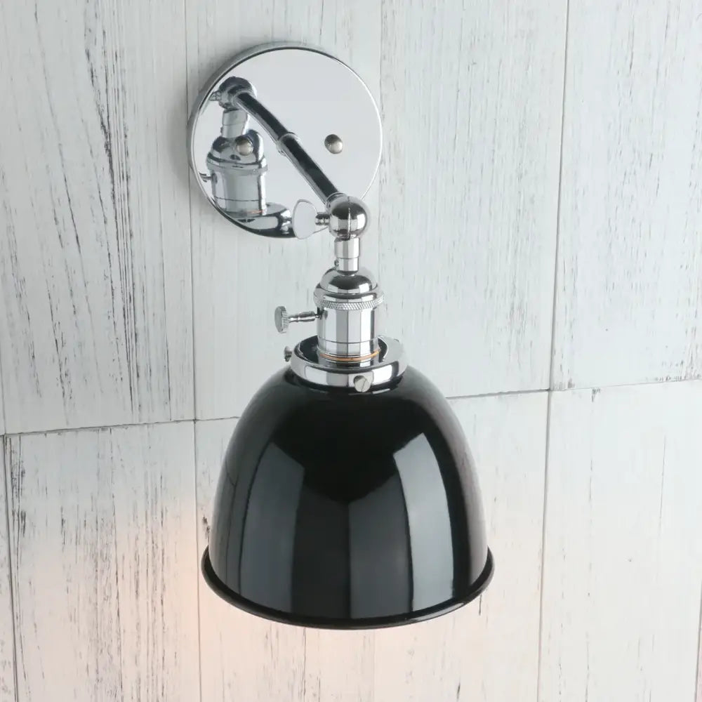 Industrial chrome and black wall sconce lights with adjustable chrome finish and black enamel dome shade for bedrooms