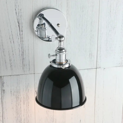 Industrial chrome and black wall sconce lights with adjustable chrome finish and black enamel dome shade for bedrooms