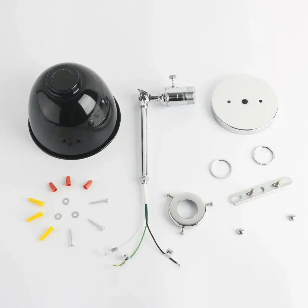 Black glossy dome-shaped wall sconce light with chrome-finished adjustable arm and mounting hardware for bedroom use
