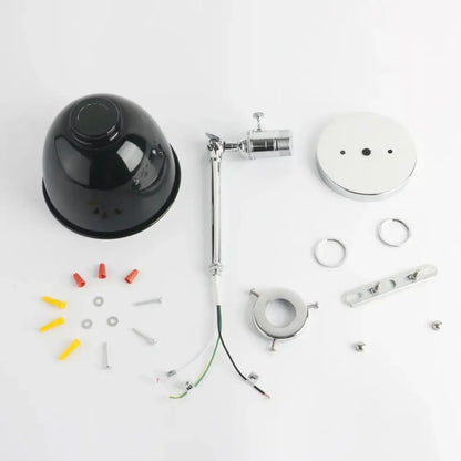 Black glossy dome-shaped wall sconce light with chrome-finished adjustable arm and mounting hardware for bedroom use