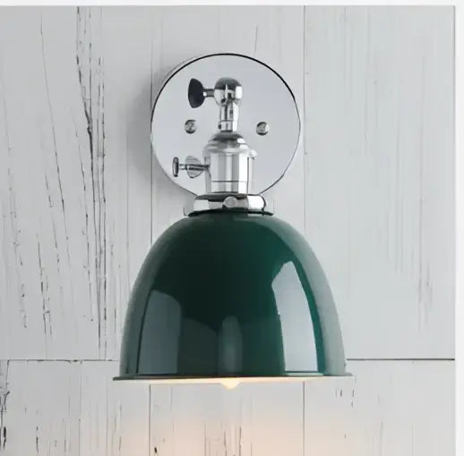 Chrome finished industrial wall sconce lights with deep green dome-shaped lampshade for bedroom use