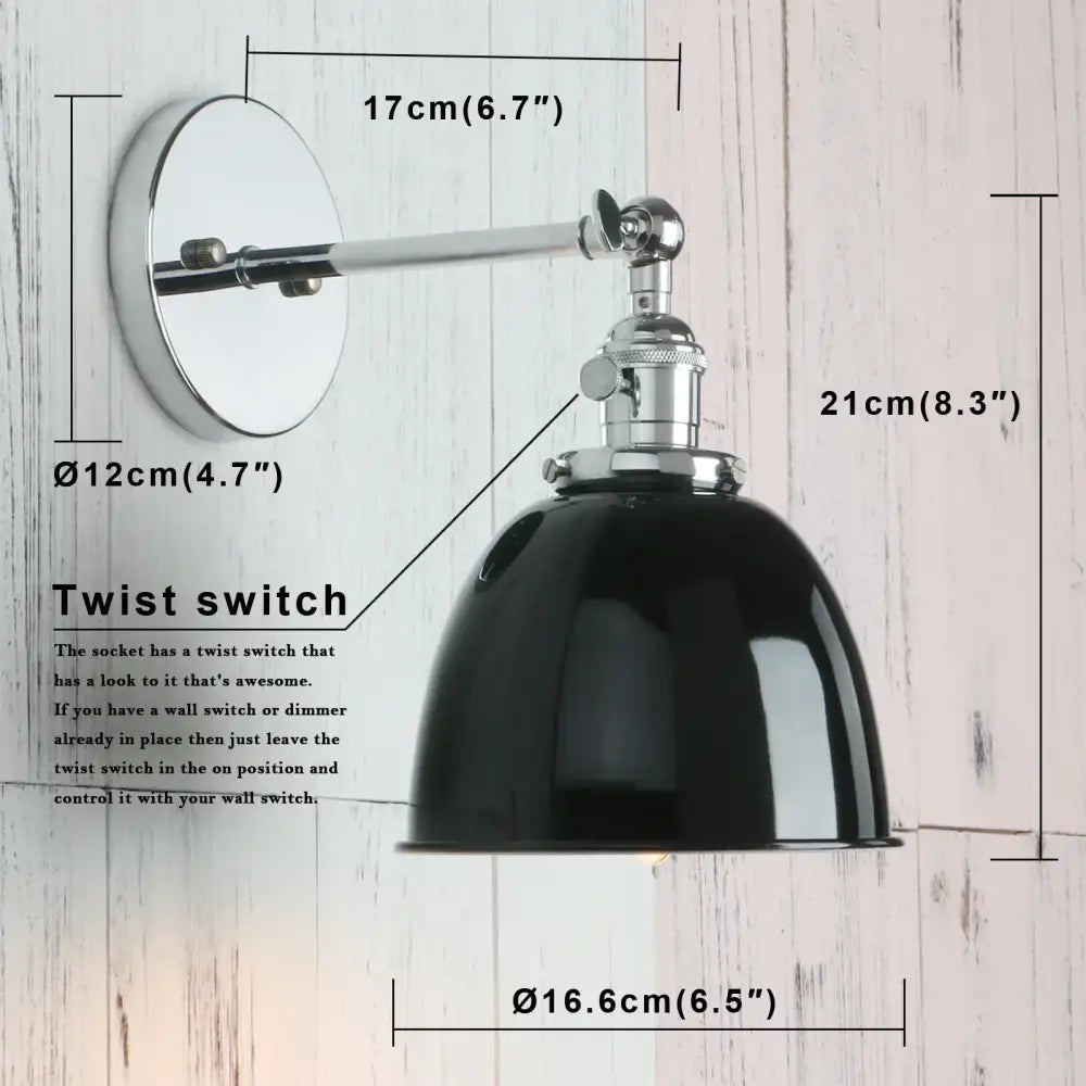 Industrial chrome and black wall sconce lights with dome shade and chrome-finished metal arms for bedroom use