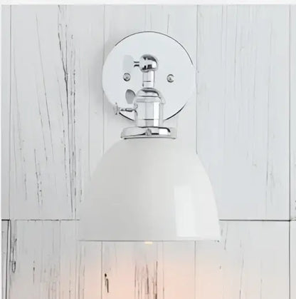 White ceramic bell-shaped wall sconce light with polished chrome bracket for industrial chrome and black wall sconce lights