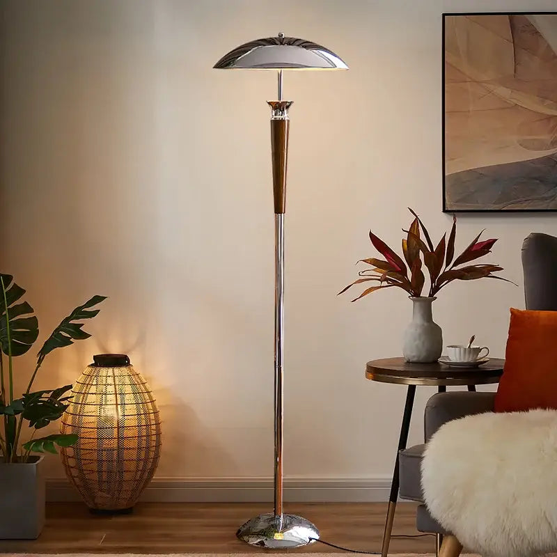 A sleek chrome and wood industrial desk lamp with a dome-shaped shade ideal for living room decorbites industrial use