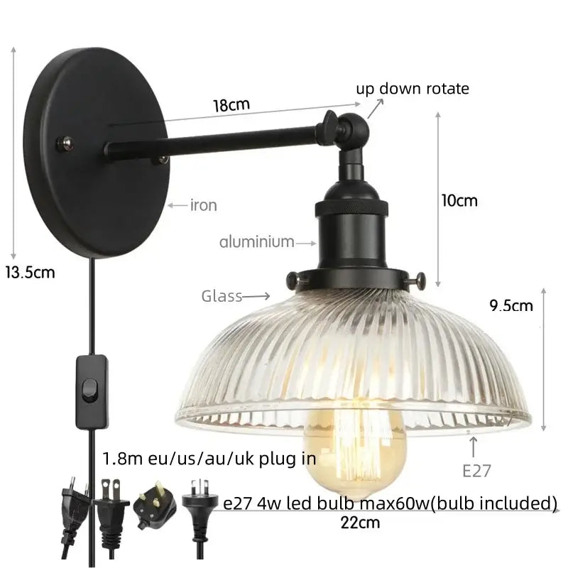 Black iron and aluminum industrial wall sconce with clear ribbed glass shade decorbites clear glass stairway light fixture
