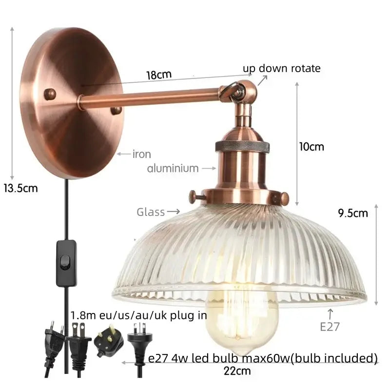 Copper-finished industrial-style wall sconce with ribbed clear glass shade and e27 led bulb by decorbites clear glass