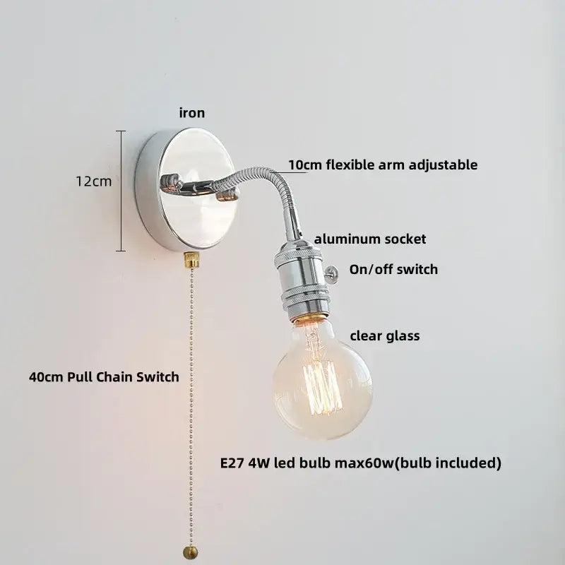 Chrome finished industrial wall lamp sconce with flexible 10cm arm aluminum socket and clear glass led bulb for reading