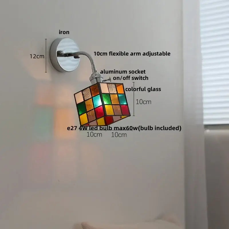 Colorful stained glass cube led wall lamp sconce with flexible arm and iron bracket for industrial bedroom lighting