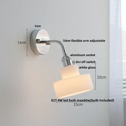 Industrial chrome flexible led wall lamp sconce with chrome iron base and two stacked white glass shades for reading light