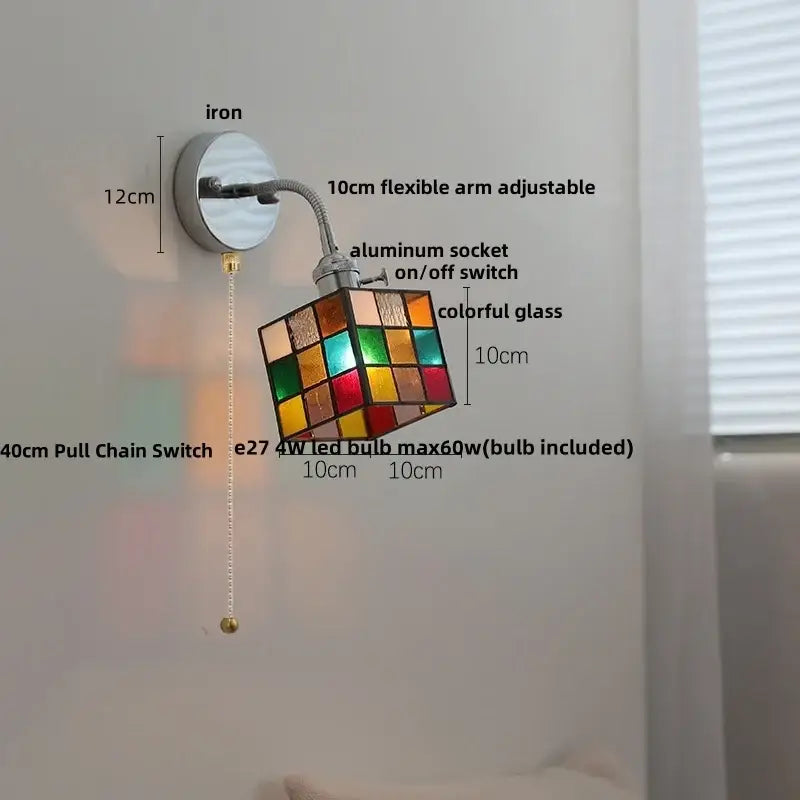Industrial chrome colorful stained glass cube led wall lamp sconce with flexible arm and pull chain switch for reading