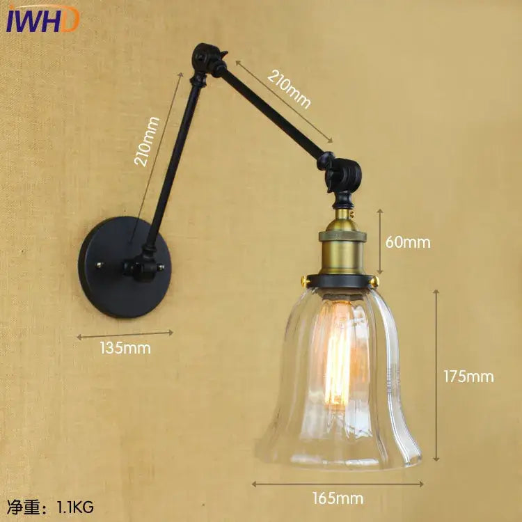 Industrial chrome glass swing arm wall lamp with black and brass finish and clear glass bell-shaped shade for bedroom decorbites glass swing