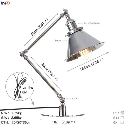 Industrial chrome led table lamp with adjustable articulated arms and conical shade for bedroom decorbites industrial led lighting