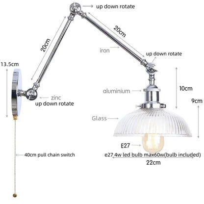 Adjustable industrial chrome wall sconce with iron and aluminum arms, ribbed glass shade, and e27 led bulb for decorbites chrome industrial lighting