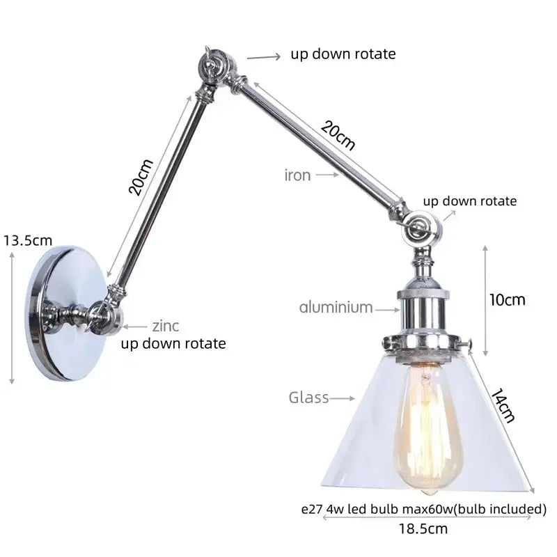 Adjustable industrial chrome wall sconce with zinc aluminum arm clear glass shade and e27 led bulb decorbites chrome industrial