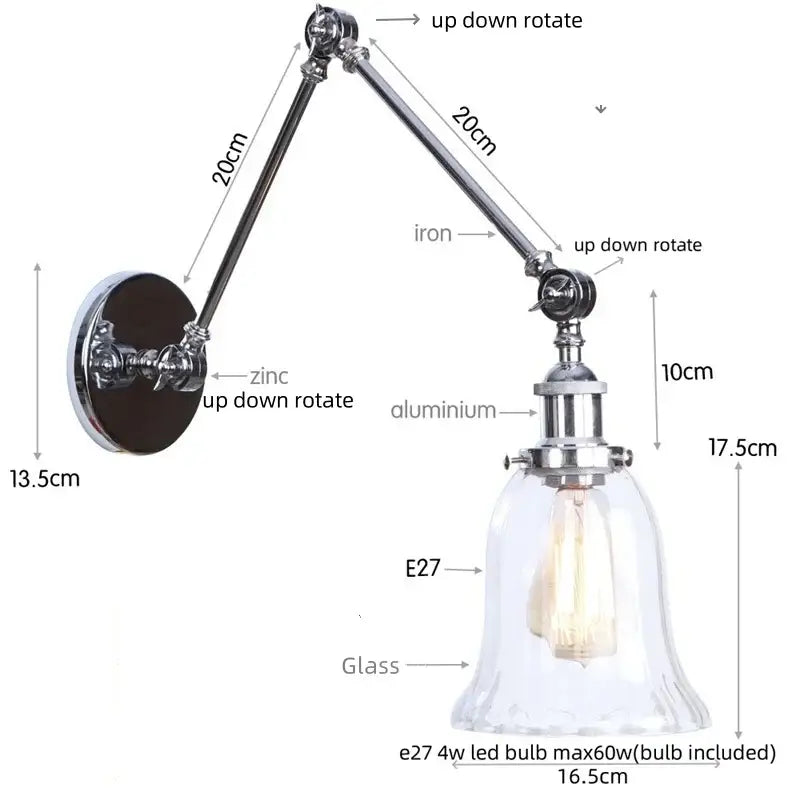 Adjustable decorbites chrome industrial wall sconce with clear glass bell shade and e27 led bulb for bedroom decor