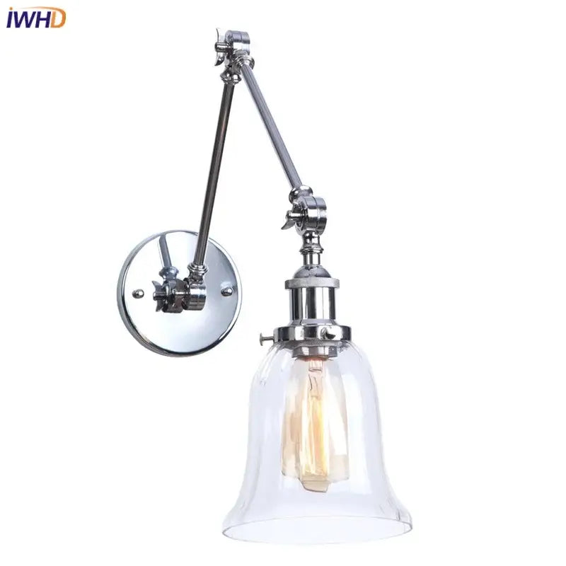 Chrome industrial led wall sconce with adjustable swing arm, clear glass bell shade, and exposed Edison bulb for bedroom decorbites