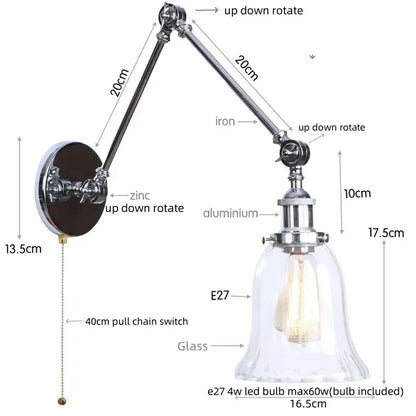Adjustable chrome industrial wall sconce with clear glass bell shade and e27 bulb socket for bedroom decorbites chrome industrial style