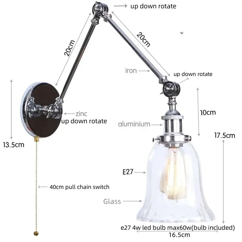 Adjustable chrome industrial wall sconce with clear glass bell shade and e27 bulb socket for bedroom decorbites chrome industrial style