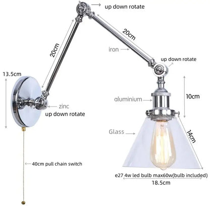 Chrome industrial wall sconce with adjustable iron and aluminum arms and clear glass shade housing edison bulb by Decorbites chrome industrial