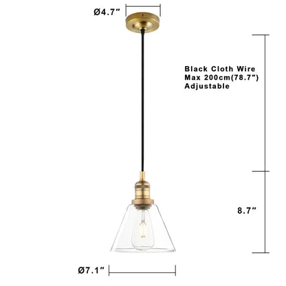 Industrial clear glass funnel flared pendant light with brass fixture and black cloth wire suspension for kitchen decorbites