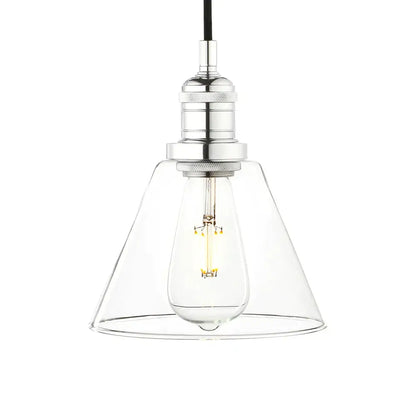Industrial clear glass funnel flared pendant light with chrome socket and exposed edison bulb by decorbites