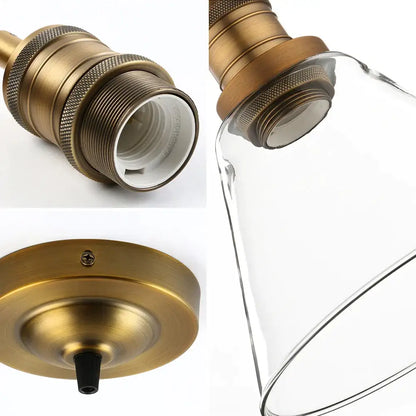 Antique brass-finished pendant light with clear glass funnel flared shade and textured metal fittings for kitchen decorbites clear glass