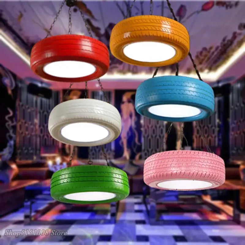 Colorful decorbites industrial rubber pendant light made from recycled tires with glossy finish and visible tread patterns