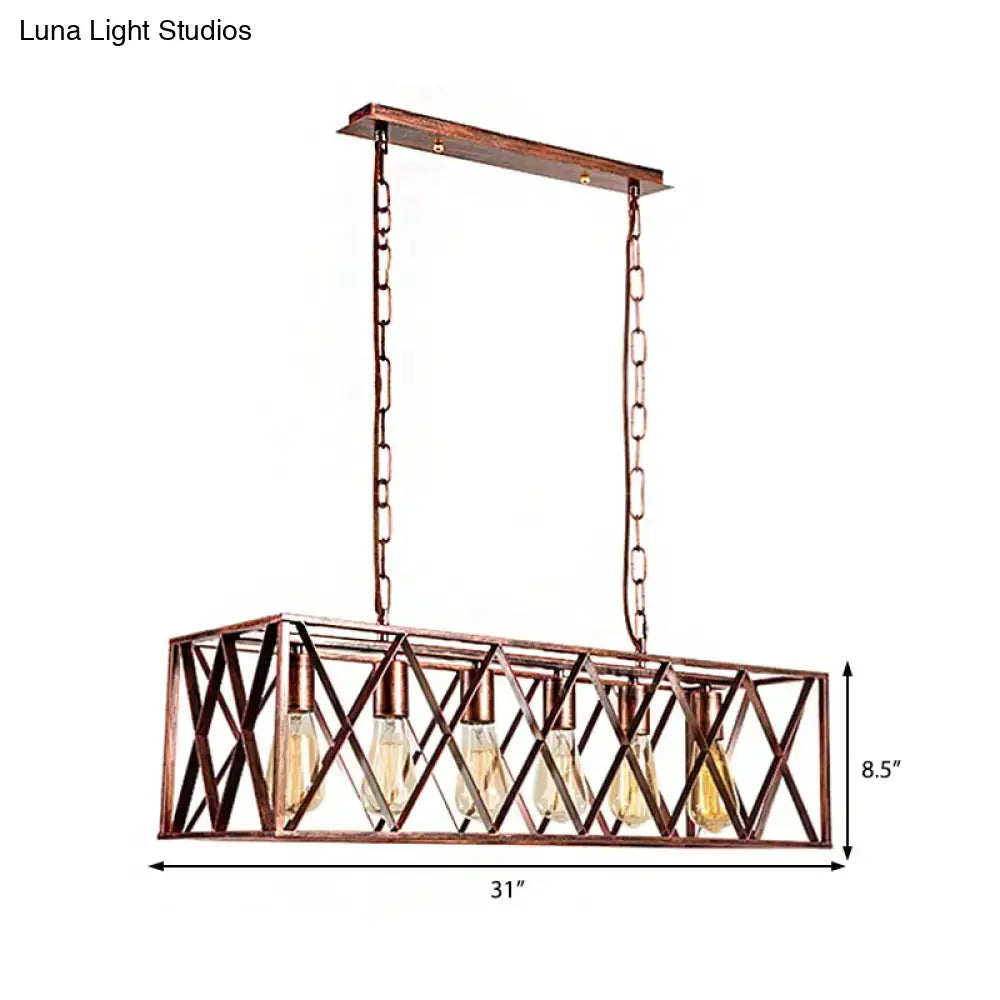 Decorbites industrial cross-framed dining room island light with six rustic copper-toned metal lights and edison bulbs
