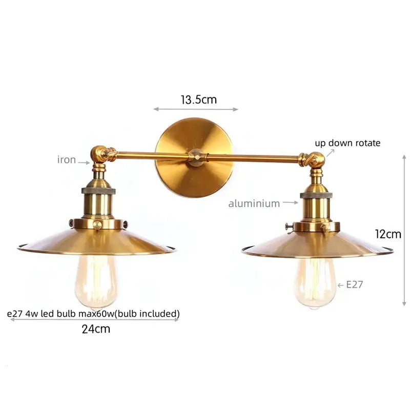 Brass-finished decorbites dual head led wall light with adjustable conical lampshades and exposed edison bulbs