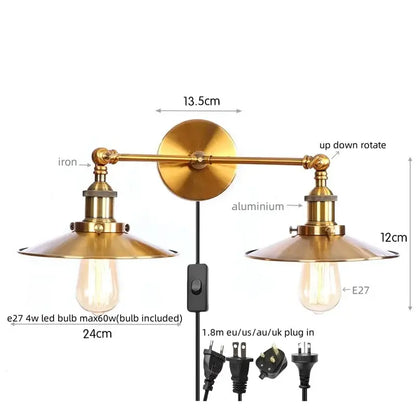 Brass-finished industrial copper dual head led wall light with two adjustable arms and matching lampshades for decorbites dual head use