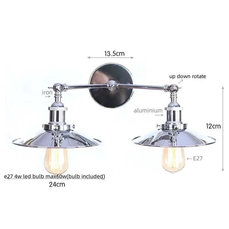Industrial copper dual head led wall light with chrome-finished adjustable arms and vintage Edison bulbs for decorbites wall light