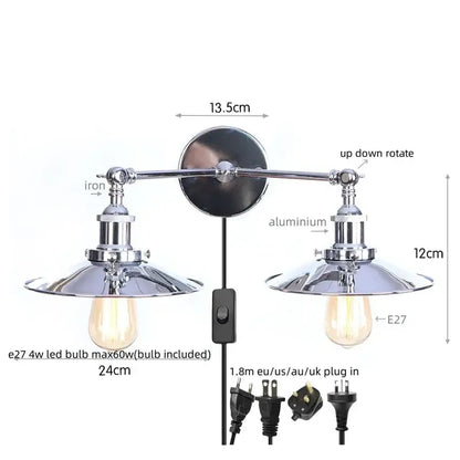 Industrial copper dual head led wall light with chrome finished adjustable arms and vintage edison bulbs decorbites dual head wall light